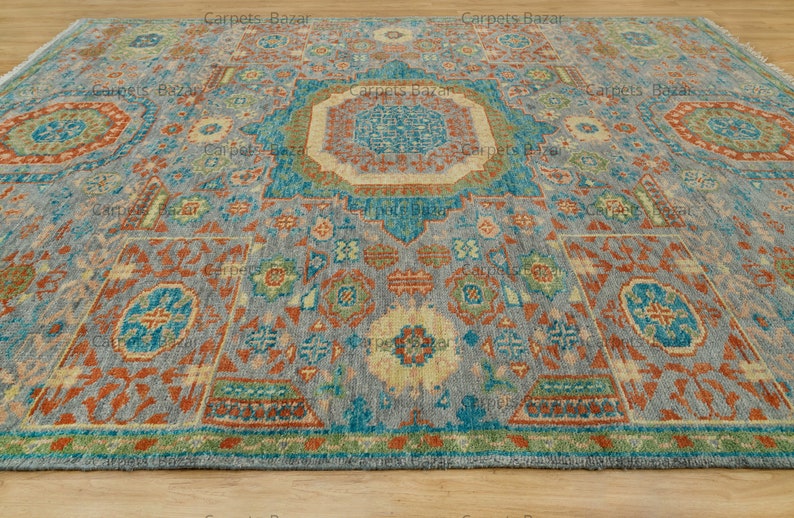 8x10 Area Rug Aqua Gold, Silver Gray Oushak Rug Blue Green Rust Accents
