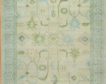 Handwoven Beige Oushak Wool Rug, Blue Green Border, 8x10  AR_3768