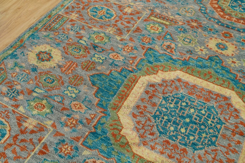 8x10 Area Rug Aqua Gold, Silver Gray Oushak Rug Blue Green Rust Accents