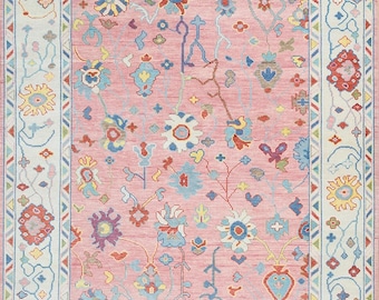 Handgefertigter Rosa Oushak Wollteppich, Handgeknüpfter feiner Wollteppich, Kinderzimmer Dekor AR_3337