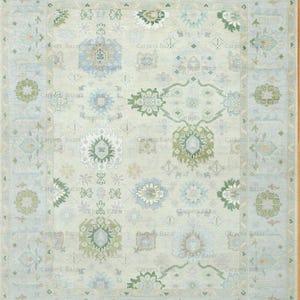 Hand Knotted Oushak Area Rug Beige Green Wool Rug, Neutral Turkish Style, Custom Sizes