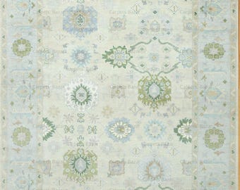 Hand Knotted Oushak Area Rug Beige Green Wool Rug, Neutral Fine WoolStyle, Custom Sizes