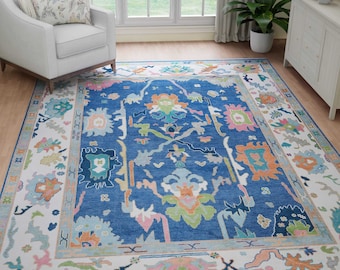 Handmade Blue Ivory Oushak Rug, Modern Design Rug 9x12, Multicolored Turkish Rug, Floral Area Rug: Floridian Flair Wool Rug AR_3724