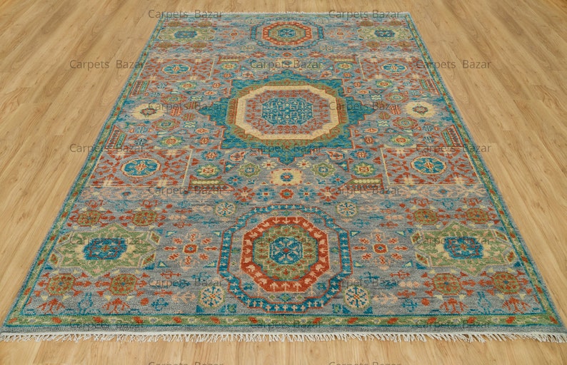 8x10 Area Rug Aqua Gold, Silver Gray Oushak Rug Blue Green Rust Accents