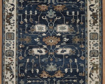 Handmade Wool Oushak Rug, Navy Blue background with Ivory Border , Custom Size AS_10117