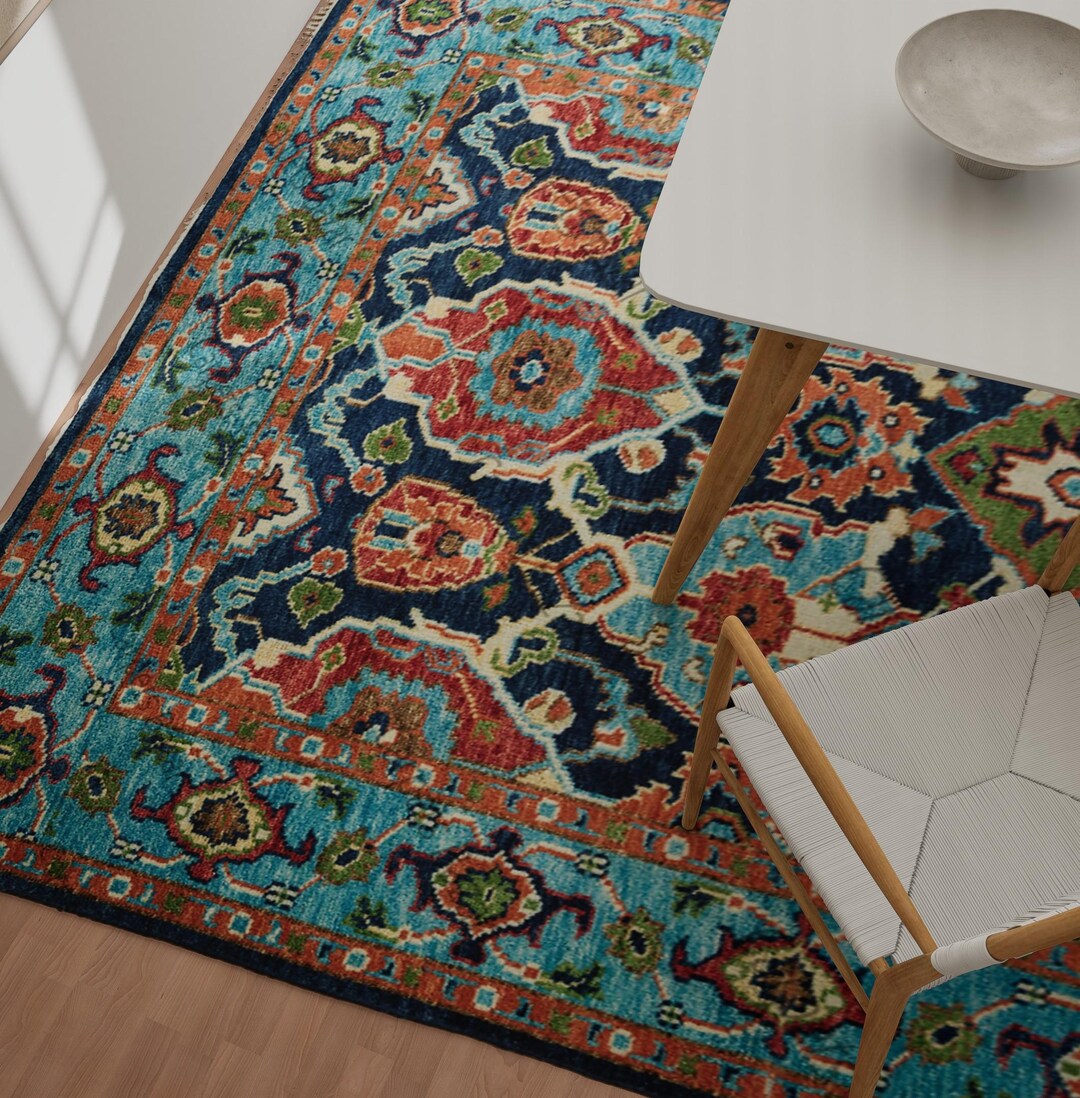 Hand-knotted Wool Oriental Rug, Teal Blue Orange, Traditional