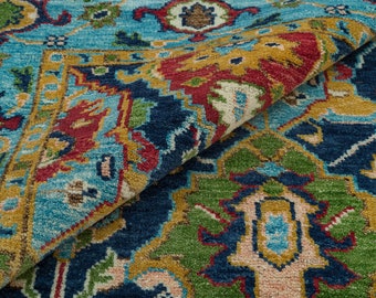 8x10 Deep Teal Area Rug, Rust, Red, And Olive Oushak Rug, Transitional Rug With Arctic Blue Highlights: Harmonious Blend Wool Rug Trc_6011