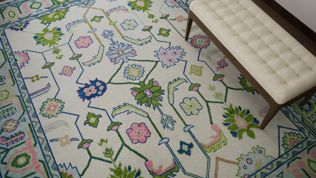Buy Colorful Area Rug Oushak Rug in Ivory, Powder Blue, Grass Green & Raspberry Pink Modern ...