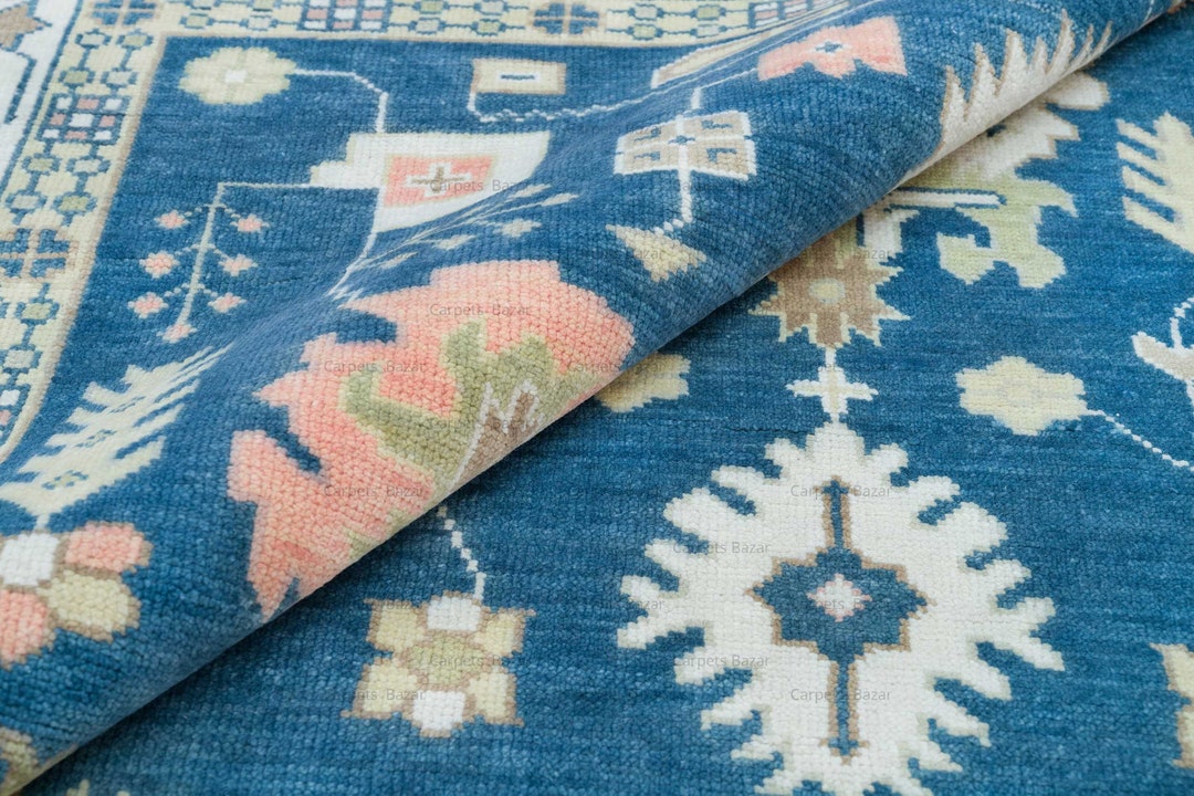 Blue and White Oushak Rug 9x12 Area Rug With Pink & Green Etsy