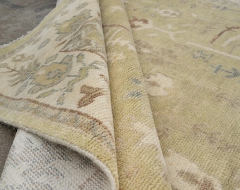 Floral Oushak Wool Rug ,Ivory Border, Pastel Turkish Rug As_10115
