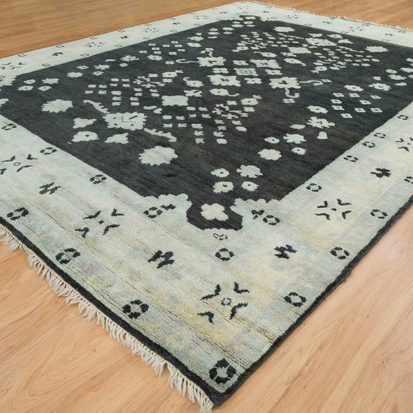 8x10 Vintage Turkish rug, Mid Century Rug In Charcoal, Black And Silver Oushak Rug, Vintage Area Rug For Living Room: Wool Rug D_3550