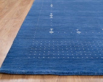 Blue Gabbeh Rug, Handwoven Wool Area Rug, Minimalist Design 3022