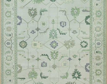 Pastel Oushak Wool Rug, Ivory Sage Green, Lavender Accent, 8x10 ARN_04
