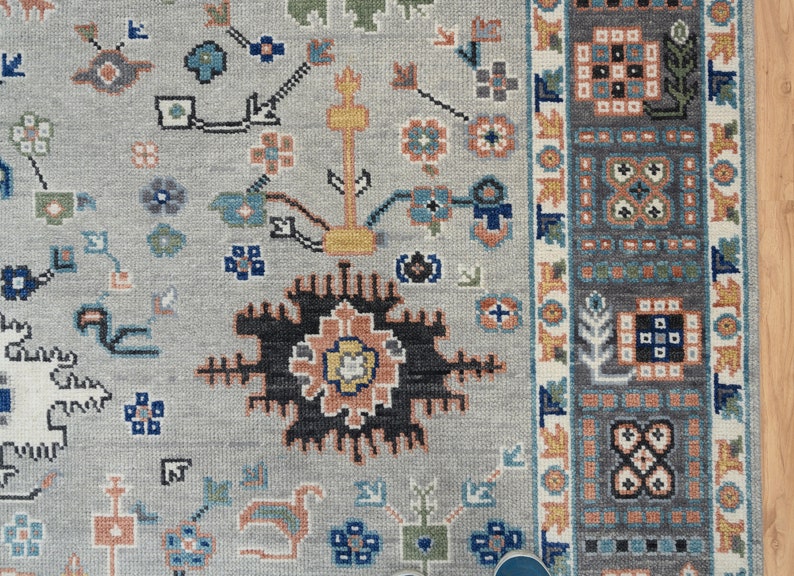 Light & Dark Gray Area Rug, Modern Oushak Rug Gold Ivory Accent, Blue