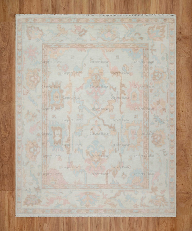 Modern Oushak Rug Pastel Green, Muted Rug 9x12, Peach Pink Wool Rug