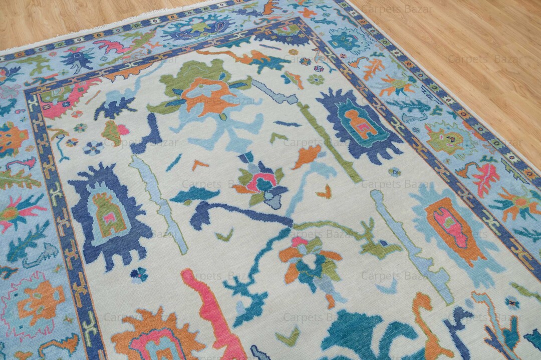 9'X12' Light Blue Oushak Rug, Colorful Wool Rug With Beige, Pink