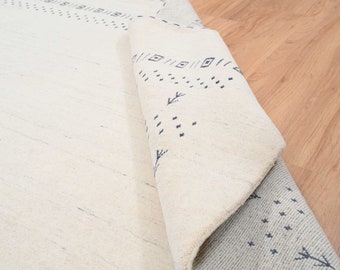 Handwoven Wool Gabbeh Rug, Tribal Cream Blue Accent, Custom Size White Gabbeh
