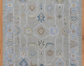 Grey Oushak Rug, Ivory Blue Brown, Hand-Knotted Wool Turkish Carpet AR_10103