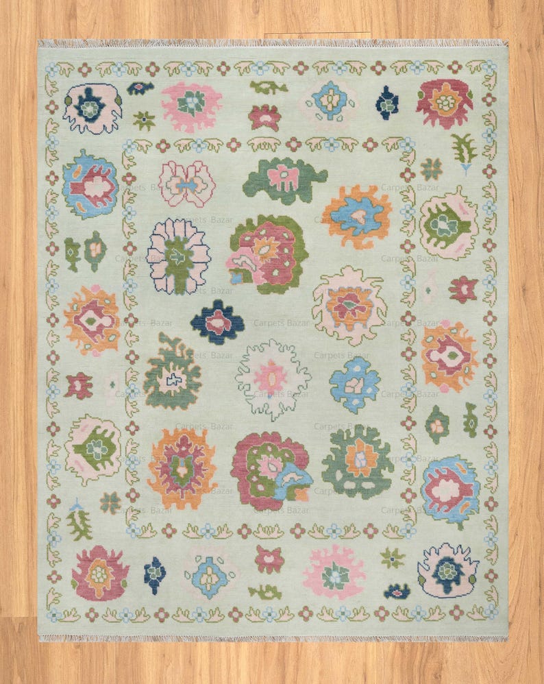 oushak turkish rug 8x10 by carpets bazaar, colorful area rug handmade, bedroom rug floral, 
persian rug 8x10 green orange pink blue