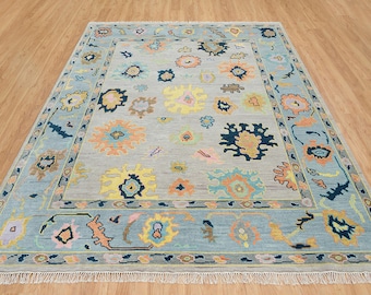 Handwoven Wool Oushak Rug, Gray, Blue, Yellow, Floral Design AR_3322