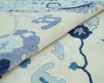 Hand Knotted Oushak Wool Rug, Ivory, Blue Floral, Turkish Carpet