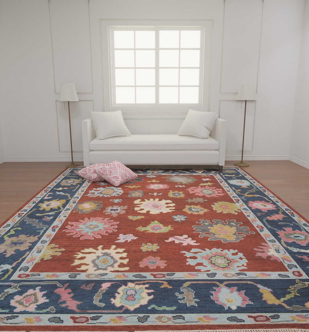 Red Oushak Rug With Navy Border, Turkish Rug With Cream, Yellow, Green