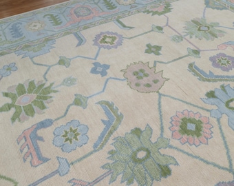 Hand Knotted Wool Oushak Rug, Cream, Blue-Green, Muted Turkish Style