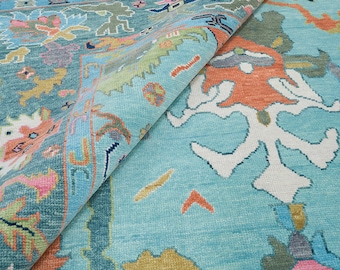 Teal Oushak Wool Rug, Green, Orange, Pink Accent, 9x12 AR_3318