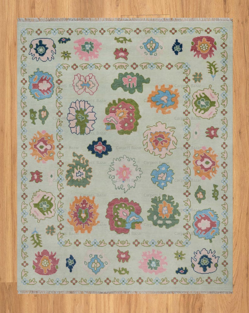 Modern Oushak Rug, 8x10 Wool Rug, 8x10 Area Rug in Mint Green, Pink