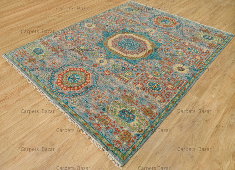 8x10 Area Rug Aqua Gold, Silver Gray Oushak Rug Blue Green Rust Accents
