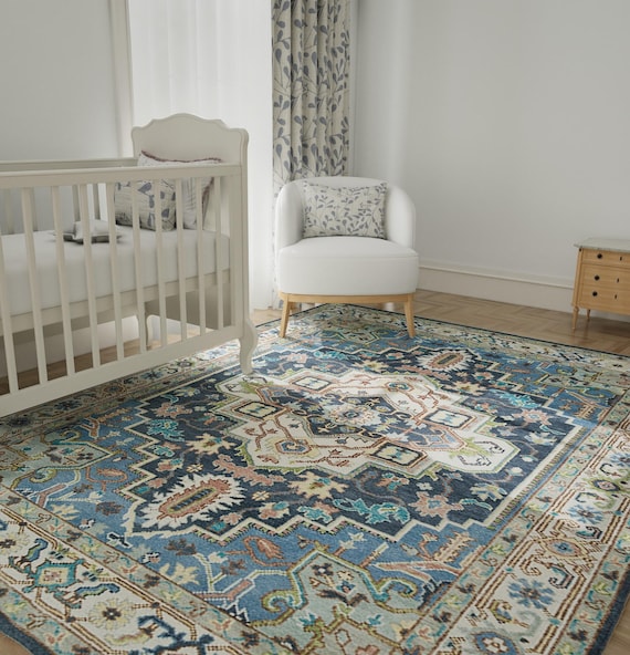 【正規品質保証】 Turkish Feel Vintage Blue, Rug Oushak Rug Border White 工芸品