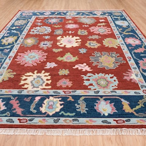 Red Navy Rug, Light Blue Pink Oushak Rug, Cream Green Turkish Rug, Living Room Decor Wool Rug, Custom Size Carpets: Scarlet Sleigh AR_1208