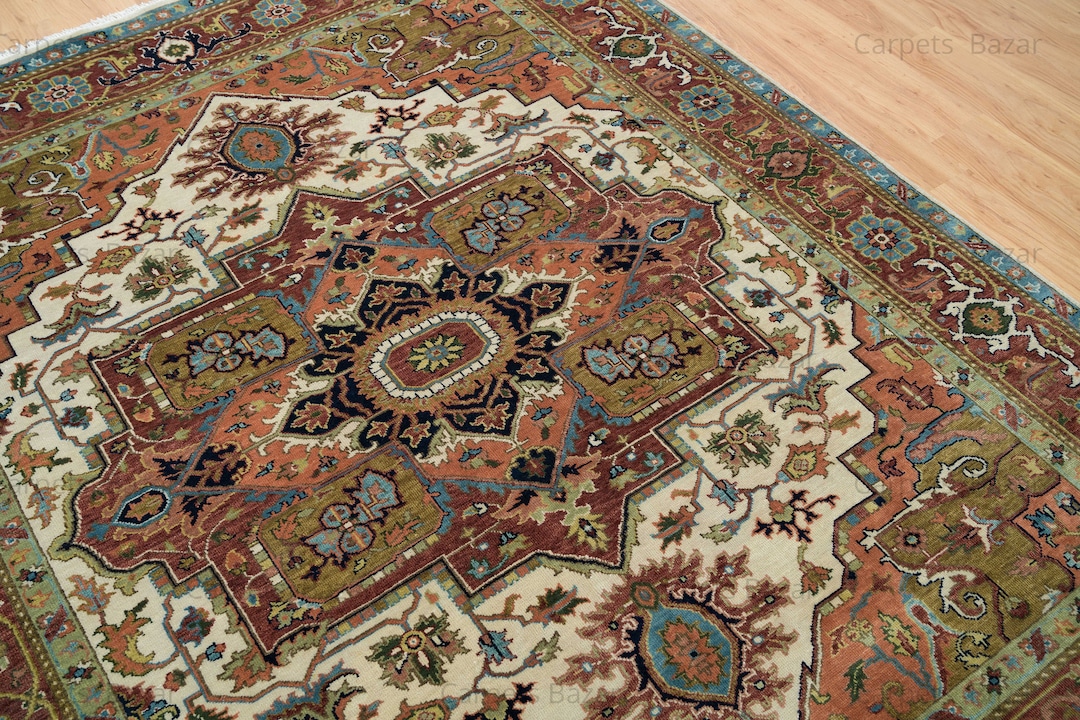 9x12 Persian Rug in Rust, Green & Beige High End Heriz Rug Red Area Rug