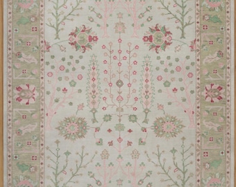 Handmade Oushak Wool Rug – Ivory, Pink & Green Floral Oriental Carpet AR_3867