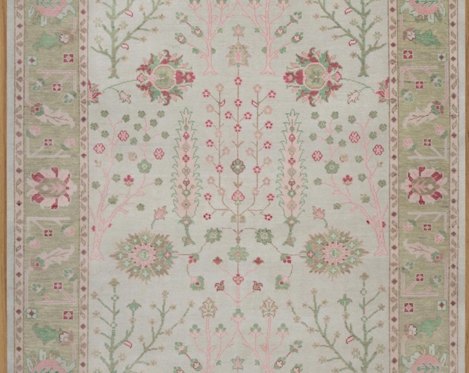 Featured listing image: Handmade Oushak Wool Rug – Ivory, Pink & Green Floral Oriental Carpet AR_3867