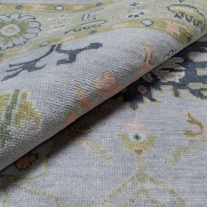 8x10 Oushak Rug Gray Green, Handknotted Wool Rug Accent Olive Peach, Modern Bedroom Turkish Rug 8x10, Large Living Area Rug 9x12, AR_3812