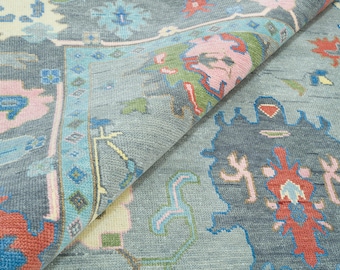 Handmade Wool Oushak Rug, Gray Blue Pink Floral, Custom Size AR_3300