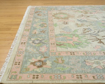 Handmade Oushak Wool Rug, Beige, Pastel Green, Pink Floral Design AR_3634