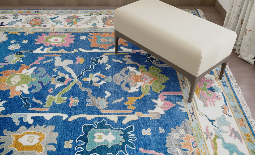 White Blue Oushak Rug 8x10 quick Ship Large Wool Rug With Pink, Green, Orange Accents Handmade