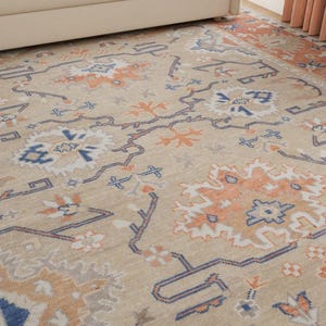 Beige Rug, Oushak Rug Orange White Blue, Earth Tone Home Decor Wool Rug, Handmade Area Rug, Neutral Turkish Carpet: Anatolian Sunset AR_3842