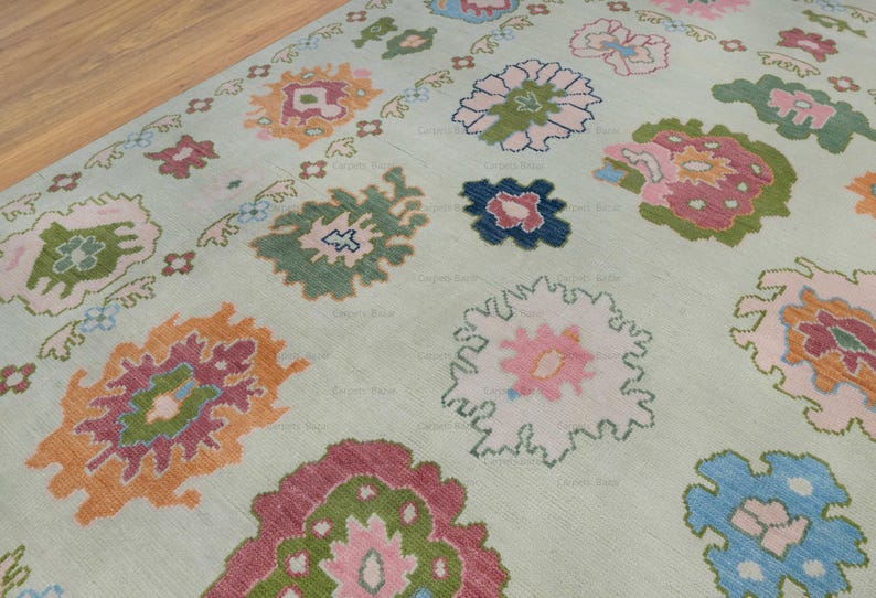 Modern Oushak Rug, 8x10 Wool Rug, 8x10 Area Rug in Mint Green, Pink