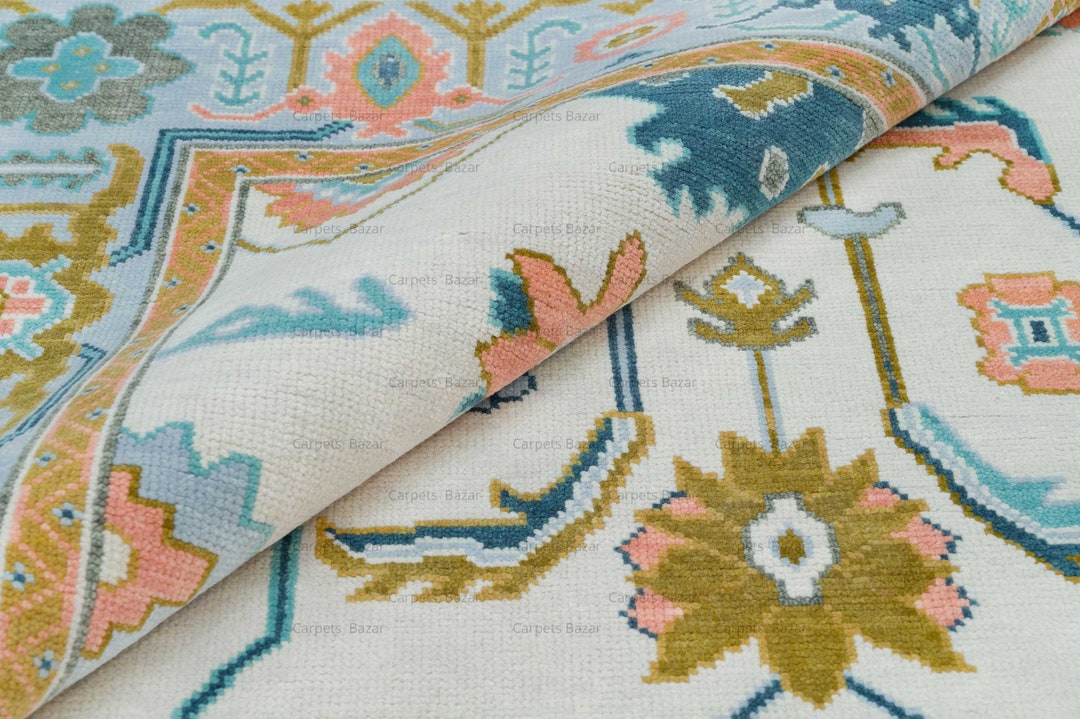 White Oushak Rug With Light Blue Border, Handmade Living Room Coral