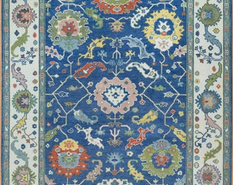 Handmade Wool Oushak Rug, Blue Floral Area Carpet AR_3667
