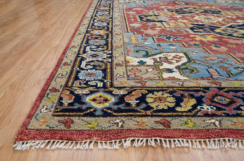 Red Blue Oushak Rug 9x12, Modern Turkish Rug Charcoal Border, Blue