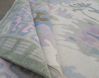 Oushak Rug 8x10, Wool Area Rug, Vintage Style Floral Rug, Pastel Pink Green Blue Rug, Hand Knotted Living Room Rug  AR_10190