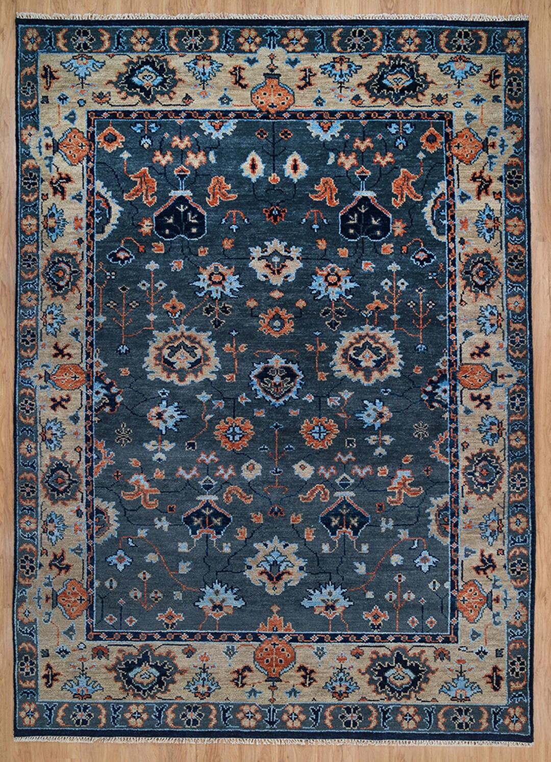 9X12 Navy Blue Area Rug Orange, Cream Accent Oushak Rug vintage Turkish ...