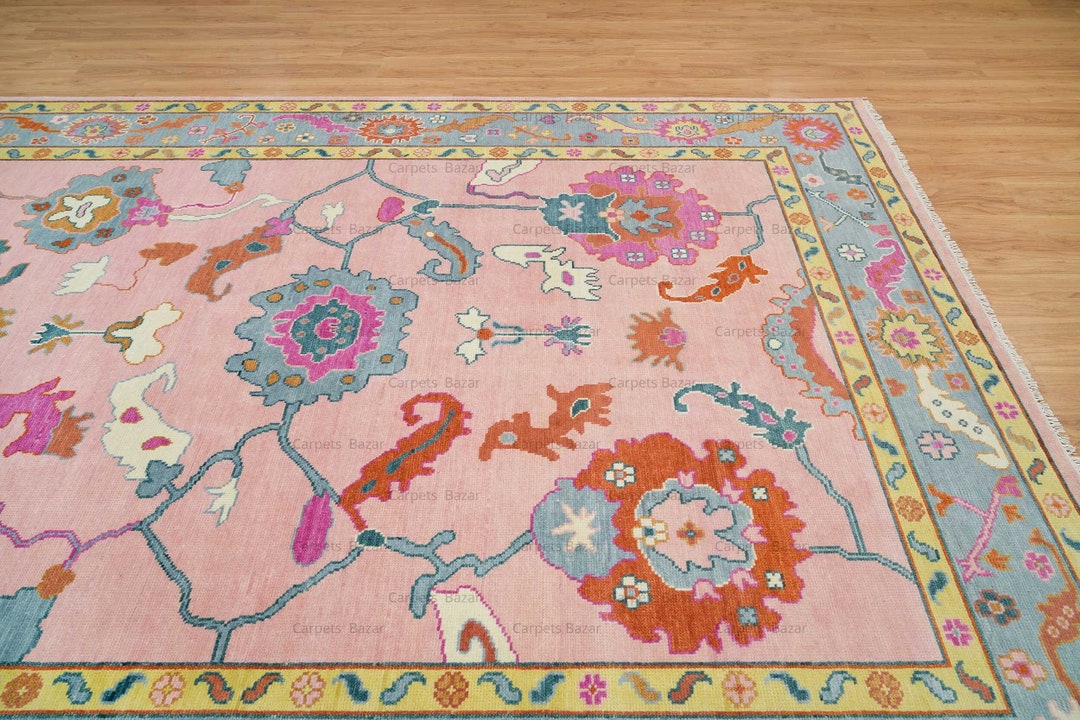 Blush and Blue Oushak Rug, Bright Color Turkish Rug for Living Room