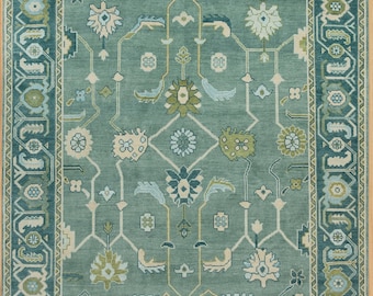 Green Oushak Wool Rug, Blue Beige Accents, Handwoven Area Rug AR_3740