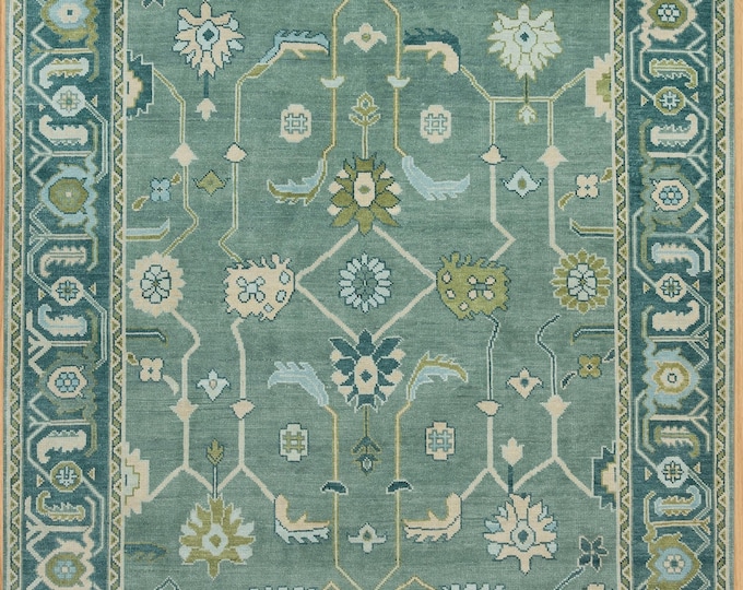 Featured listing image: Green Oushak Wool Rug, Blue Beige Accents, Handwoven Area Rug AR_3740