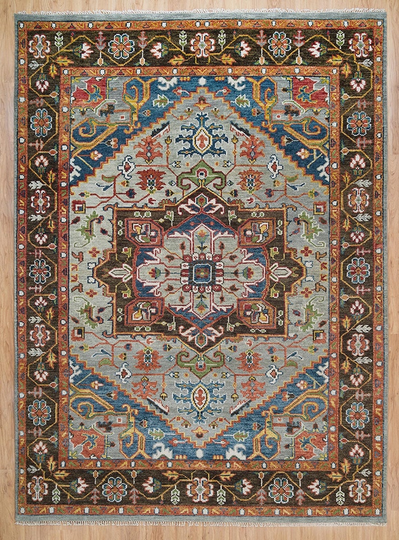 colorful oushak by carpetsbazaar, vintage look turkish rug, black rug, gray wool rug, 8x10 area rug, blue black oushak, gray charcoal persian rug, living room rug, bedroom rug